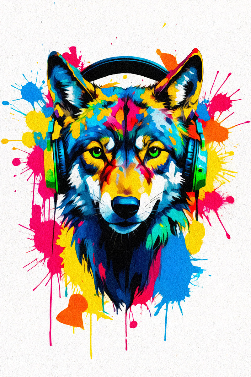 Wolf In Headphones Animal Abstract Colorful Art Poster
