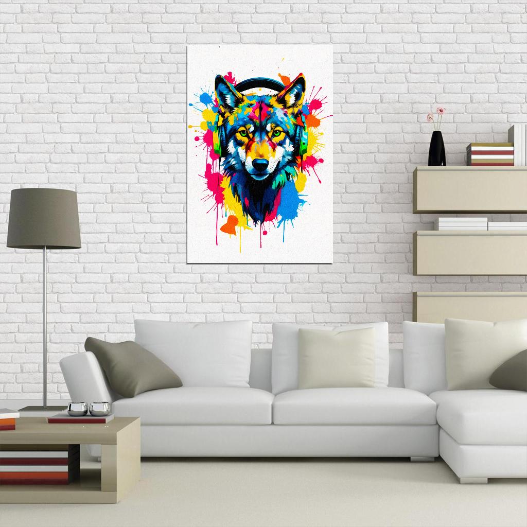 Wolf In Headphones Animal Abstract Colorful Art Poster