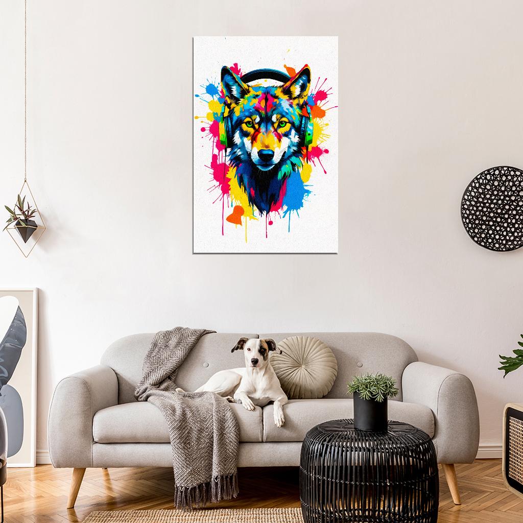 Wolf In Headphones Animal Abstract Colorful Art Poster