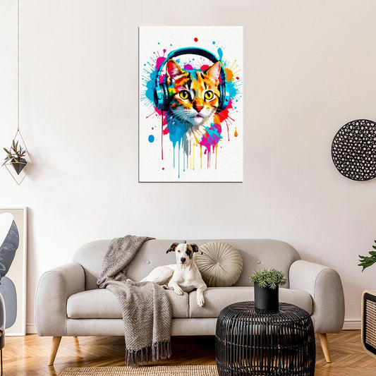 Kitten In Headphones Animal Abstract Colorful Art Poster - xonomax