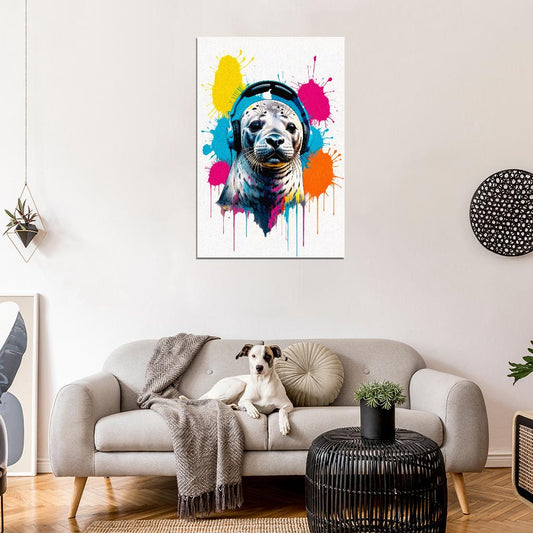 Seal In Headphones Animal Abstract Colorful Art Poster - xonomax