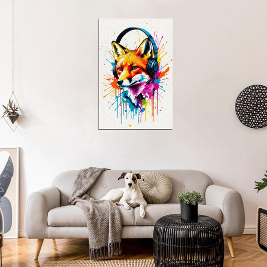 Fox In Headphones Animal Abstract Colorful Art Poster - xonomax