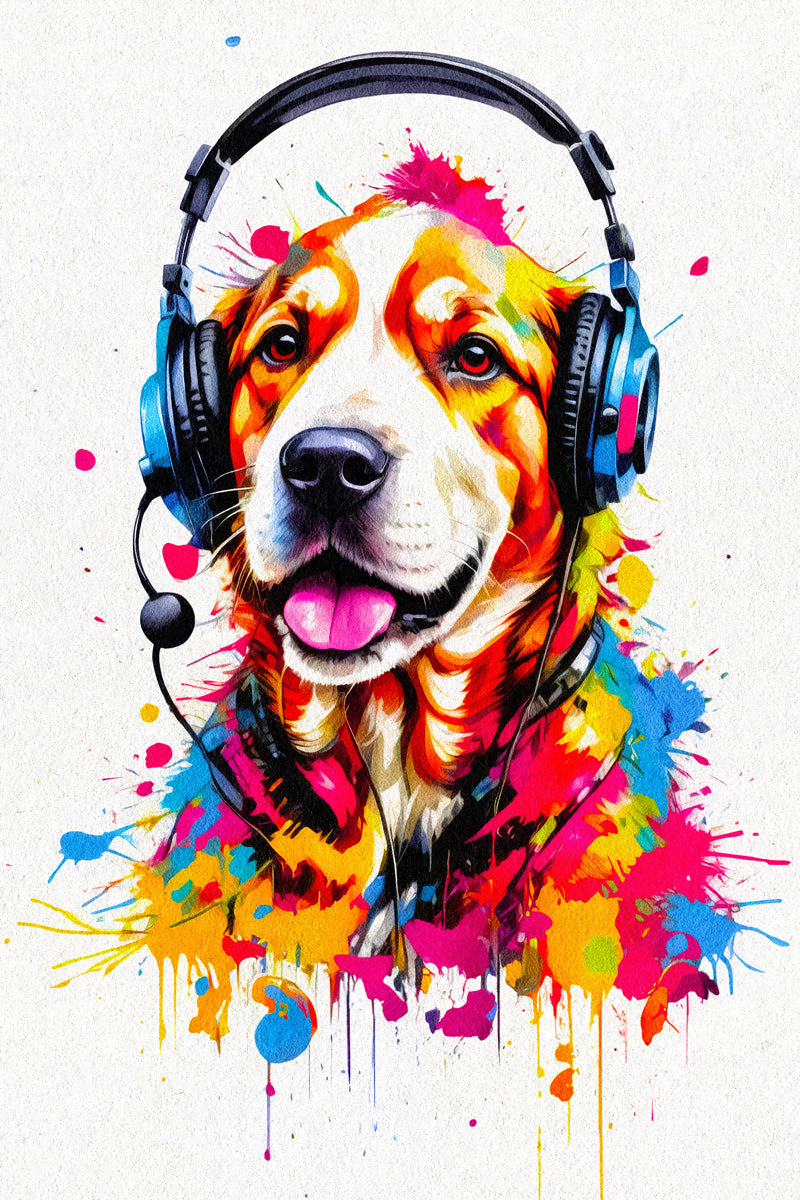 Dog In Headphones Animal Abstract Colorful Art Poster - xonomax
