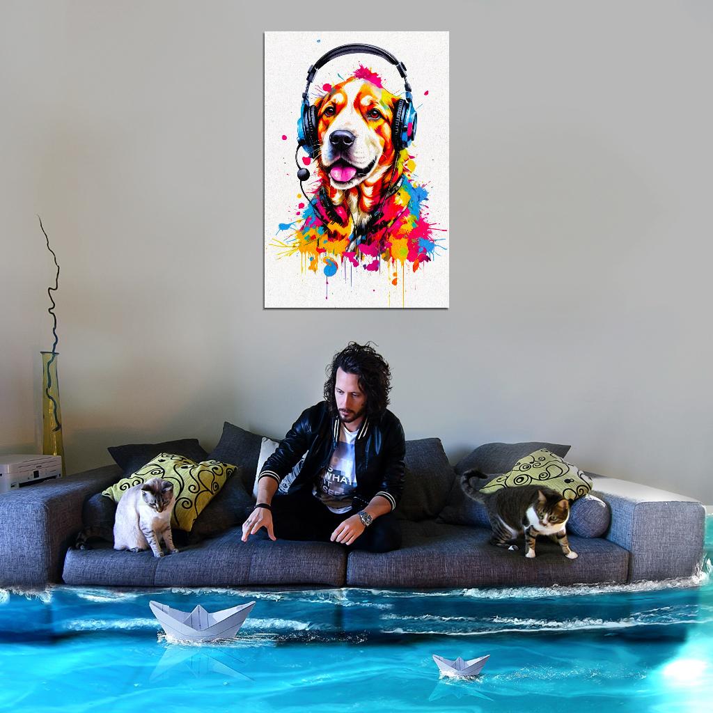 Dog In Headphones Animal Abstract Colorful Art Poster - xonomax