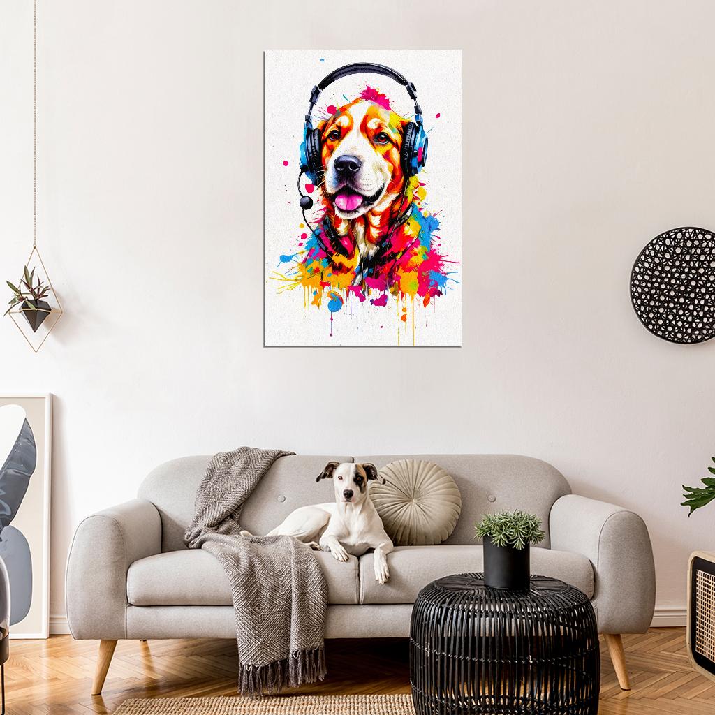 Dog In Headphones Animal Abstract Colorful Art Poster - xonomax