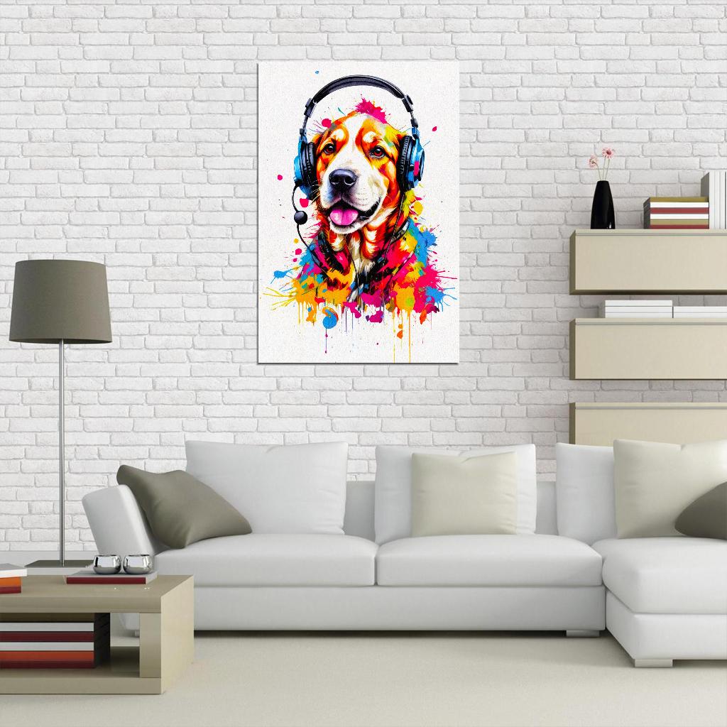 Dog In Headphones Animal Abstract Colorful Art Poster - xonomax