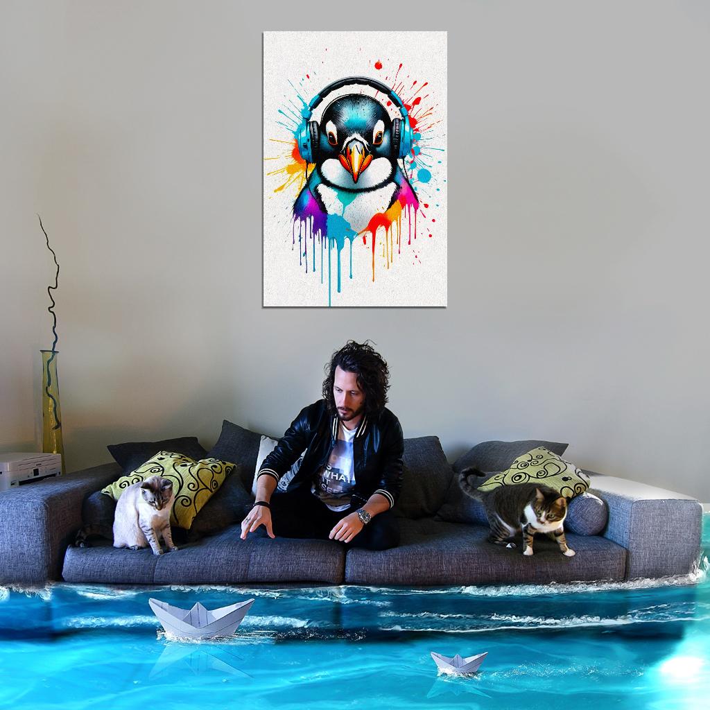 Penguin In Headphones Animal Abstract Colorful Art Poster