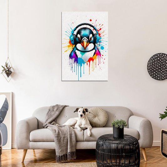 Penguin In Headphones Animal Abstract Colorful Art Poster - xonomax