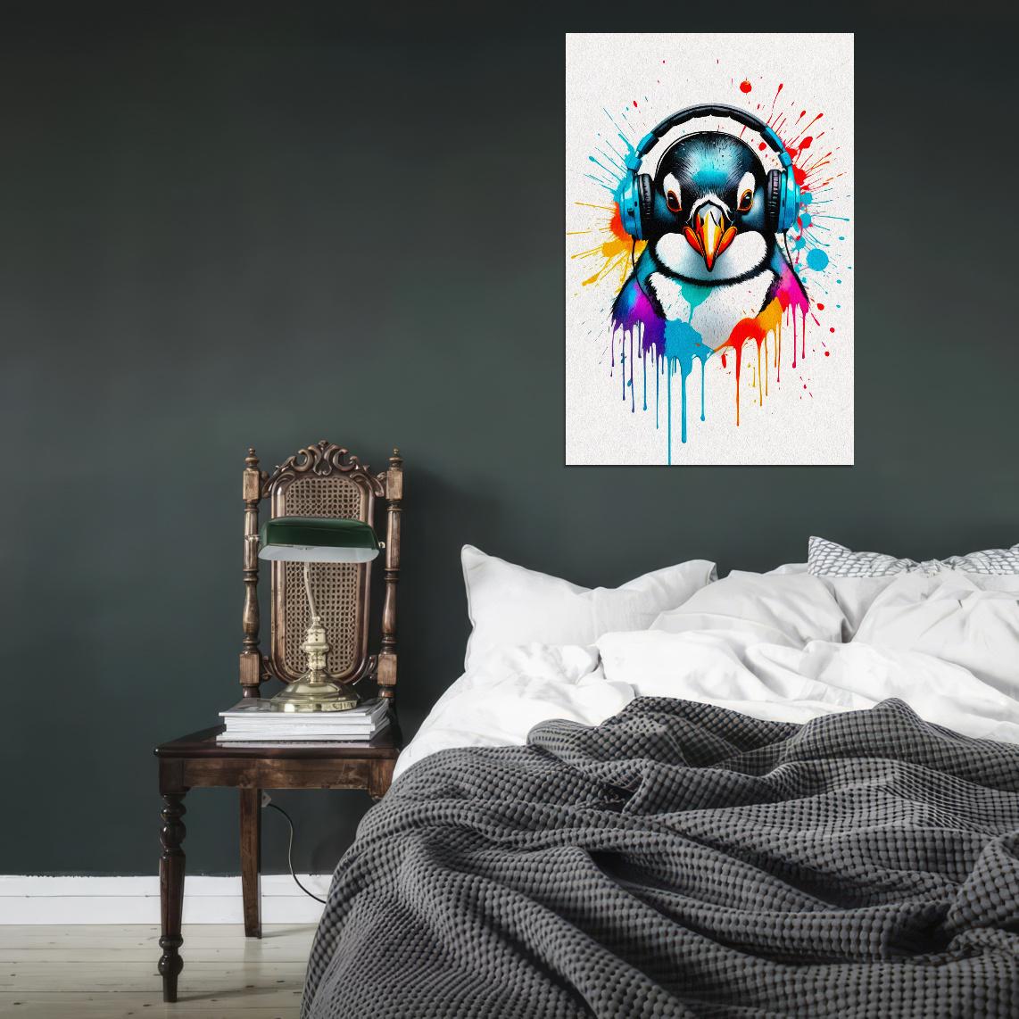 Penguin In Headphones Animal Abstract Colorful Art Poster