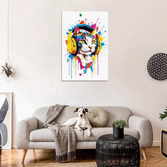 Cat In Headphones Animal Abstract Colorful Art Poster - xonomax