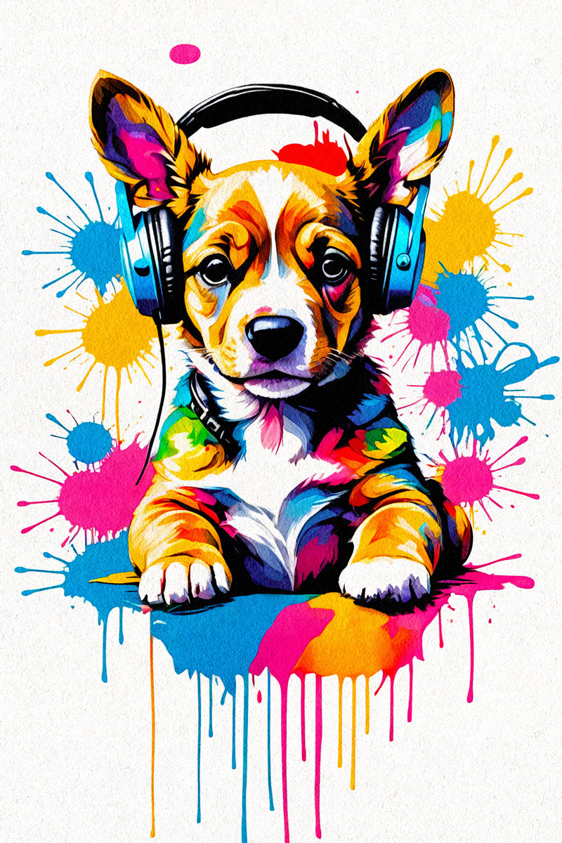 Puppy In Headphones Animal Abstract Colorful Art Poster