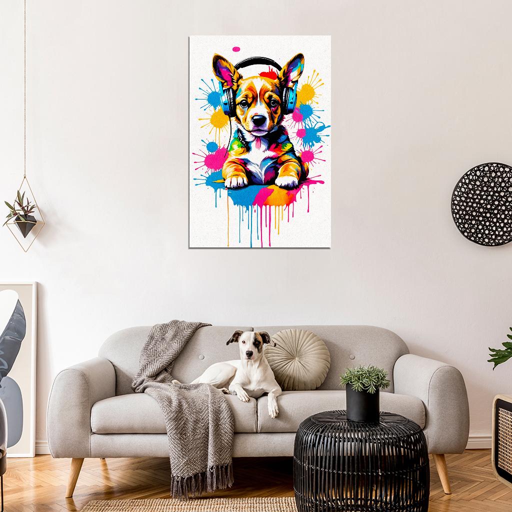 Puppy In Headphones Animal Abstract Colorful Art Poster