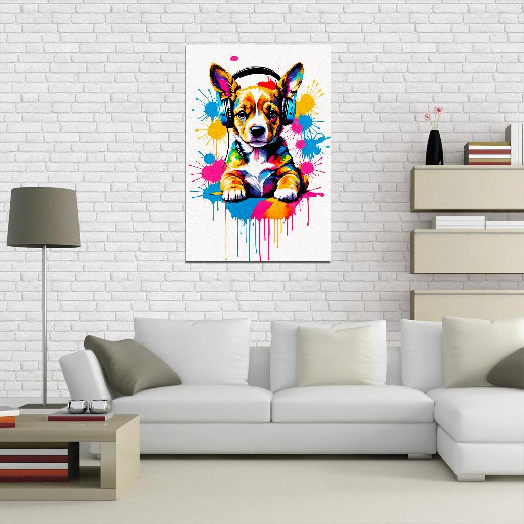 Puppy In Headphones Animal Abstract Colorful Art Poster
