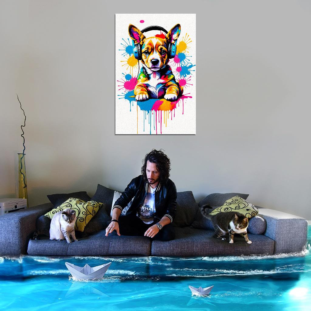 Puppy In Headphones Animal Abstract Colorful Art Poster