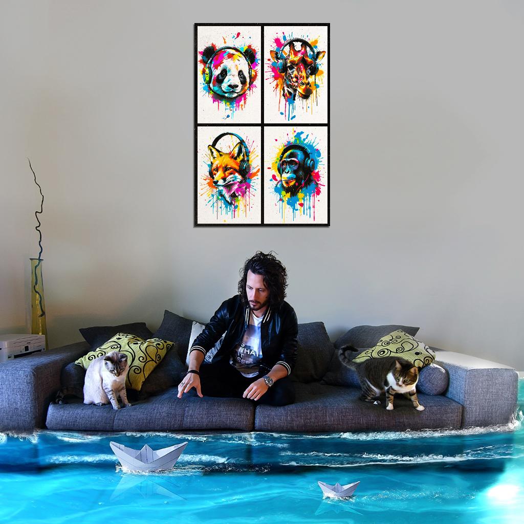 4 Set Animals In Headphones Panda Giraffe Fox Monkey Abstract Colorful Art Poster