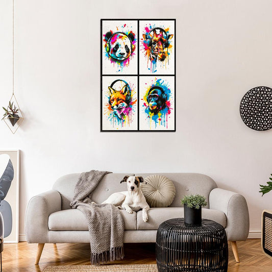 4 Set Animals In Headphones Panda Giraffe Fox Monkey Abstract Colorful Art Poster - xonomax