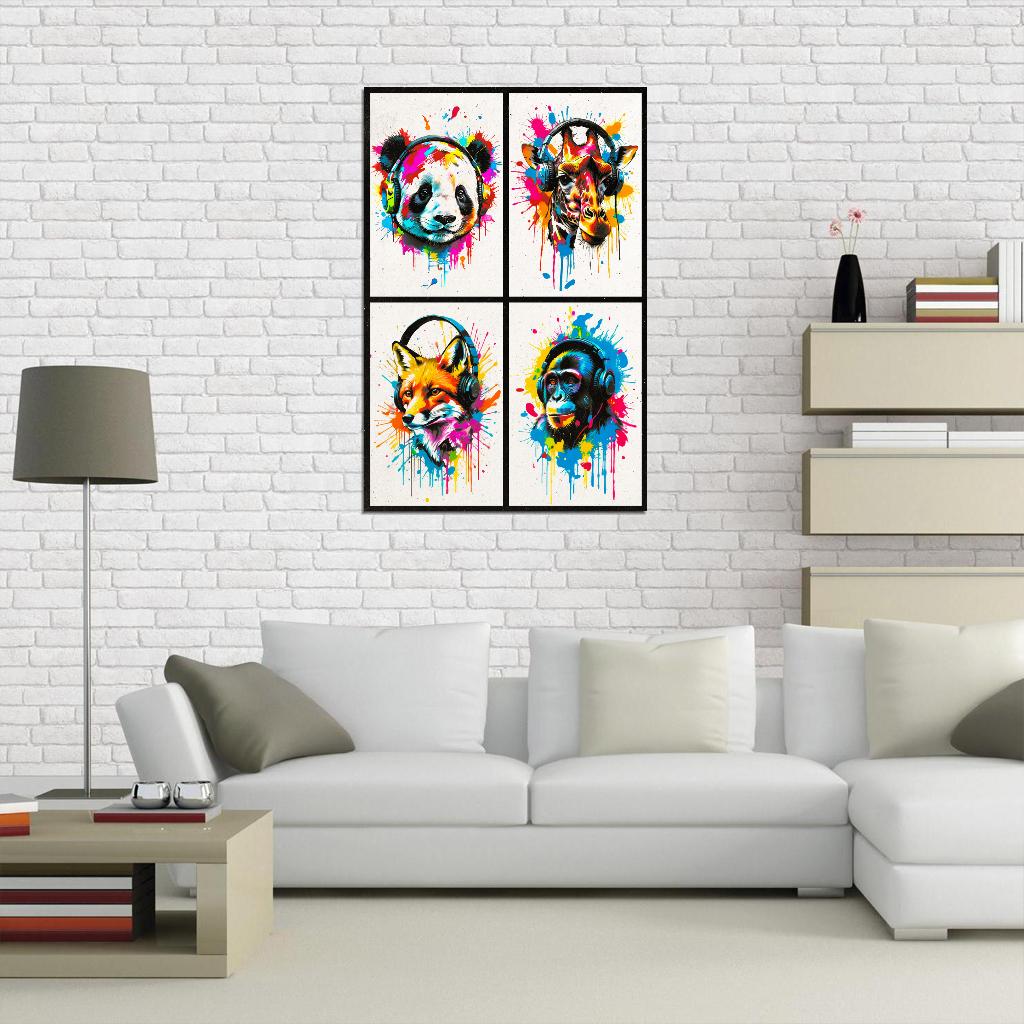 4 Set Animals In Headphones Panda Giraffe Fox Monkey Abstract Colorful Art Poster