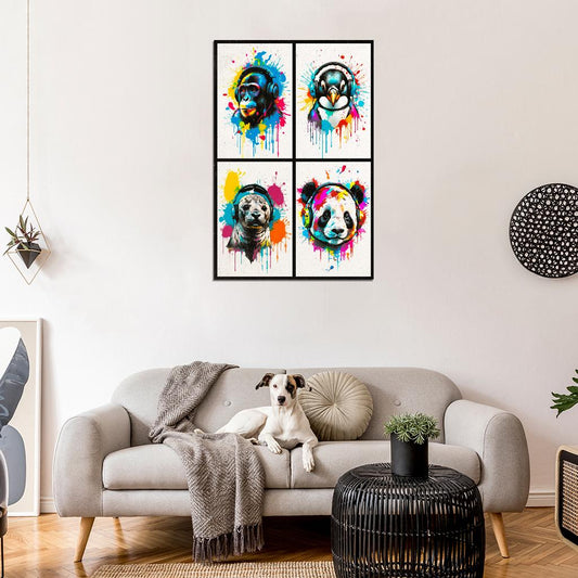 4 Set Animals In Headphones Monkey Penguin Seal Panda Abstract Colorful Art Poster - xonomax