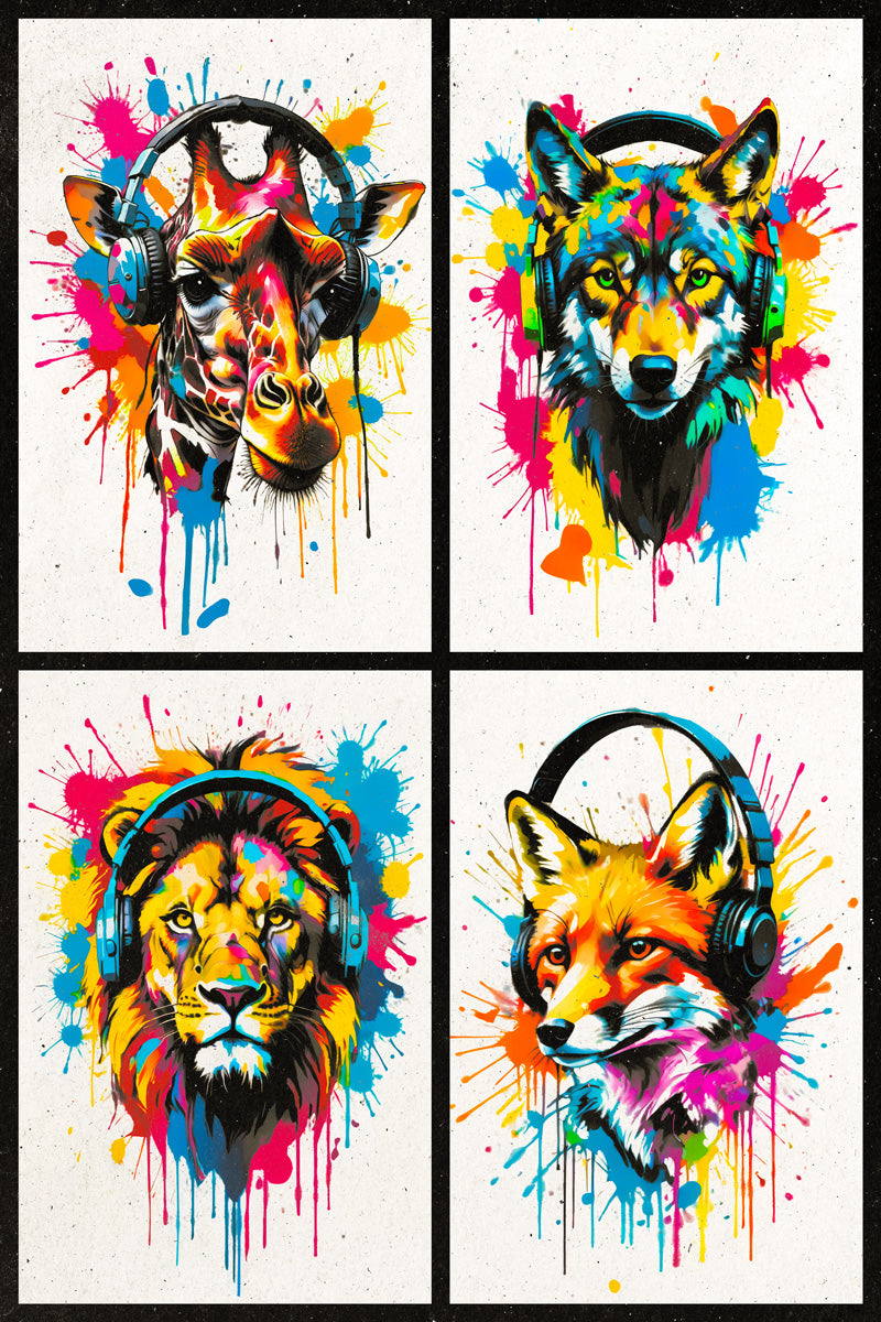 4 Set Animals In Headphones Giraffe Wolf Lion Fox Abstract Colorful Art Poster - xonomax