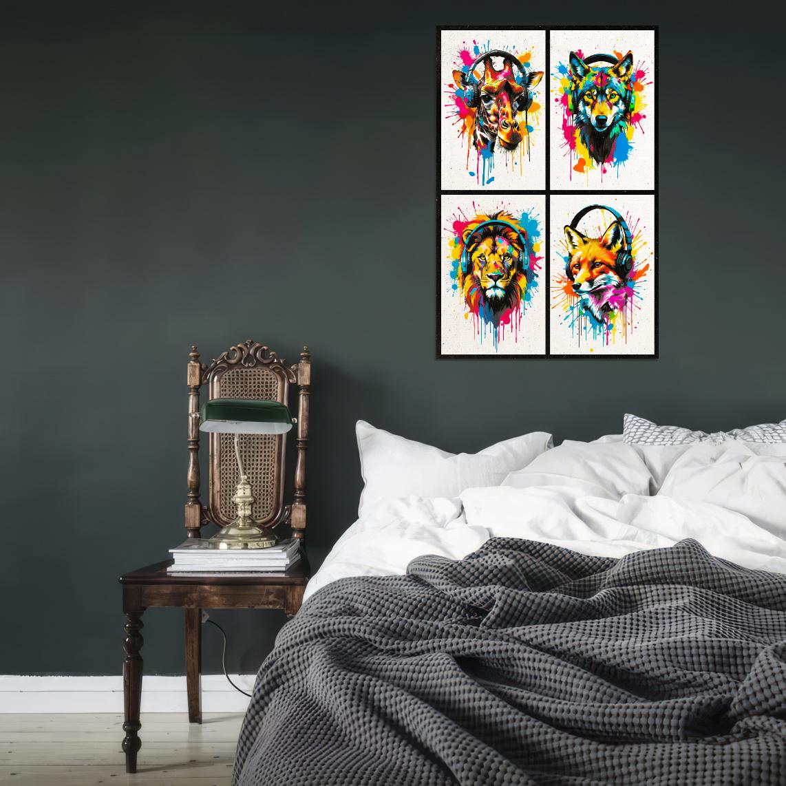 4 Set Animals In Headphones Giraffe Wolf Lion Fox Abstract Colorful Art Poster - xonomax