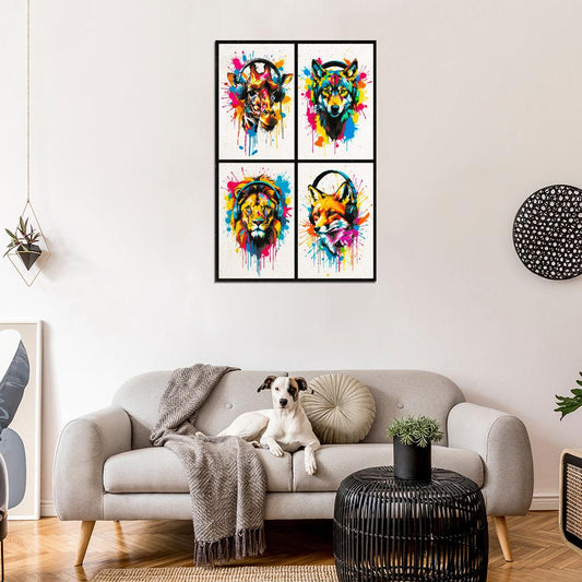 4 Set Animals In Headphones Giraffe Wolf Lion Fox Abstract Colorful Art Poster - xonomax