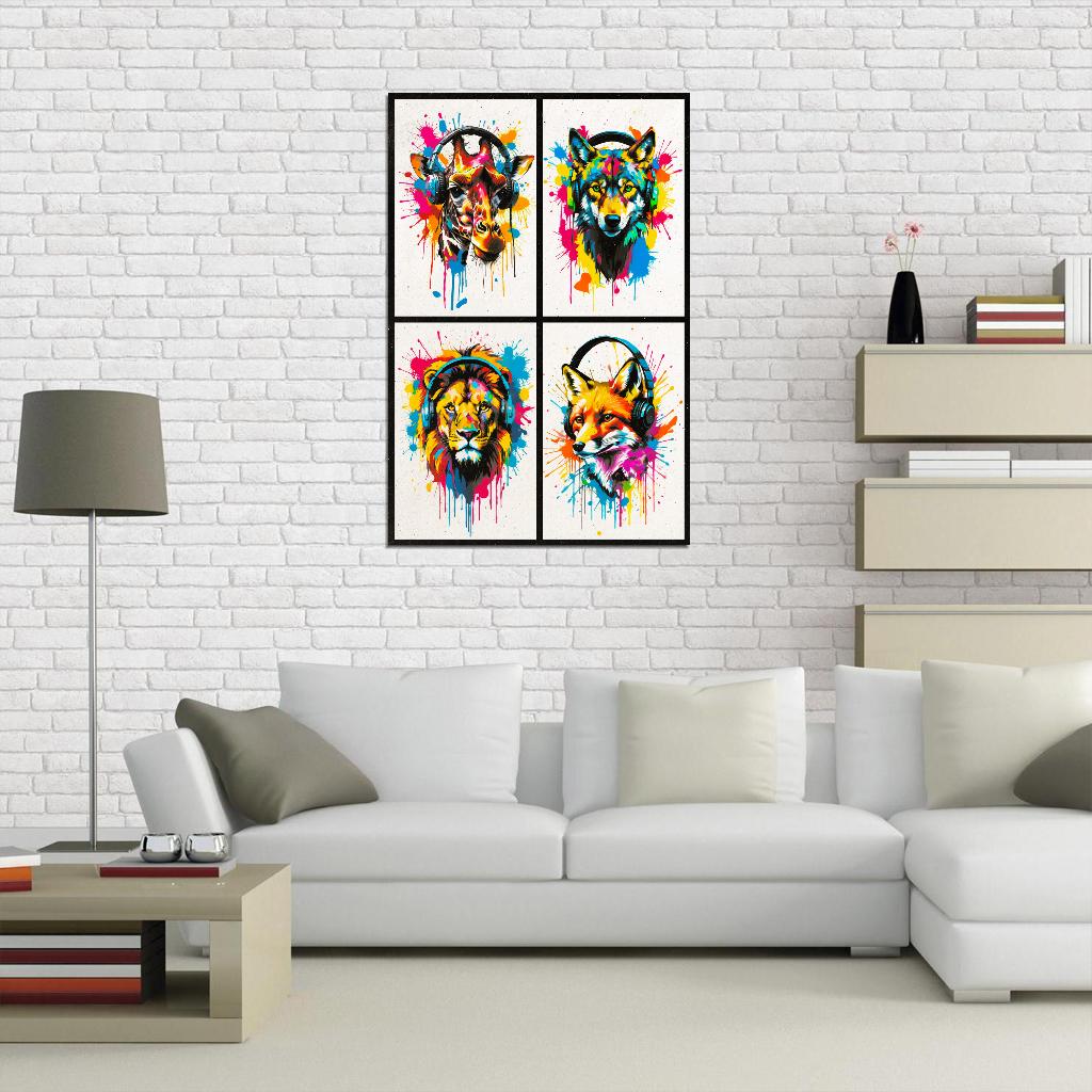 4 Set Animals In Headphones Giraffe Wolf Lion Fox Abstract Colorful Art Poster - xonomax