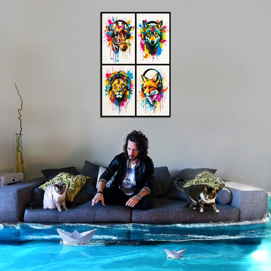 4 Set Animals In Headphones Giraffe Wolf Lion Fox Abstract Colorful Art Poster - xonomax