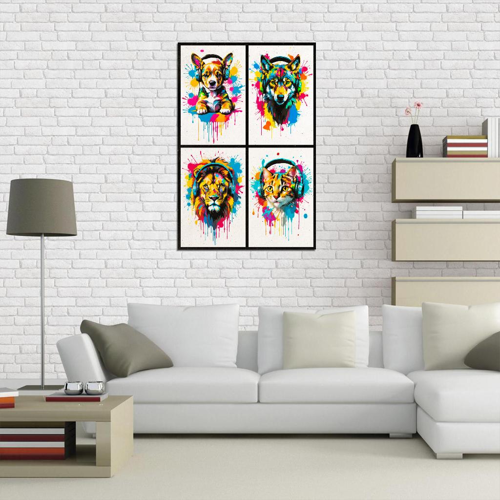 4 Set Animals In Headphones Puppy Wolf Lion Kitten Fox Abstract Colorful Art Poster