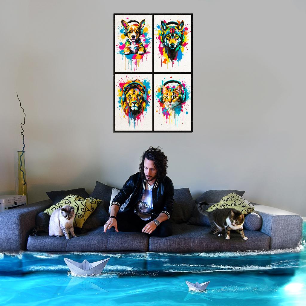 4 Set Animals In Headphones Puppy Wolf Lion Kitten Fox Abstract Colorful Art Poster