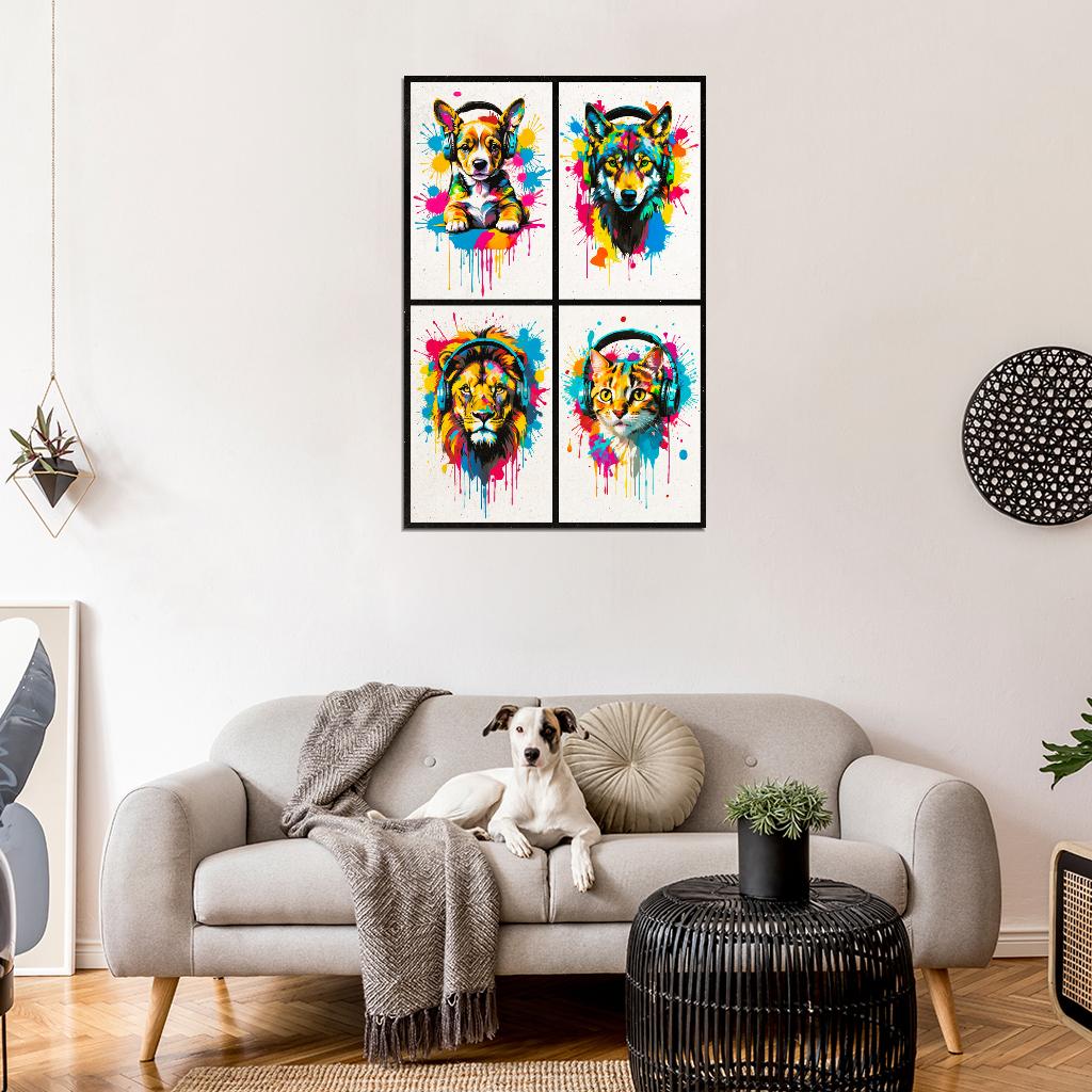 4 Set Animals In Headphones Puppy Wolf Lion Kitten Fox Abstract Colorful Art Poster