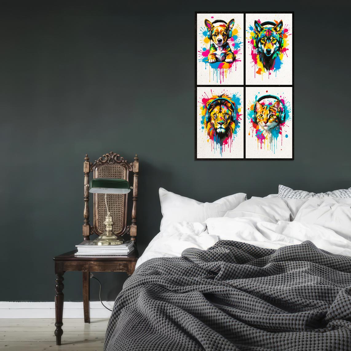 4 Set Animals In Headphones Puppy Wolf Lion Kitten Fox Abstract Colorful Art Poster