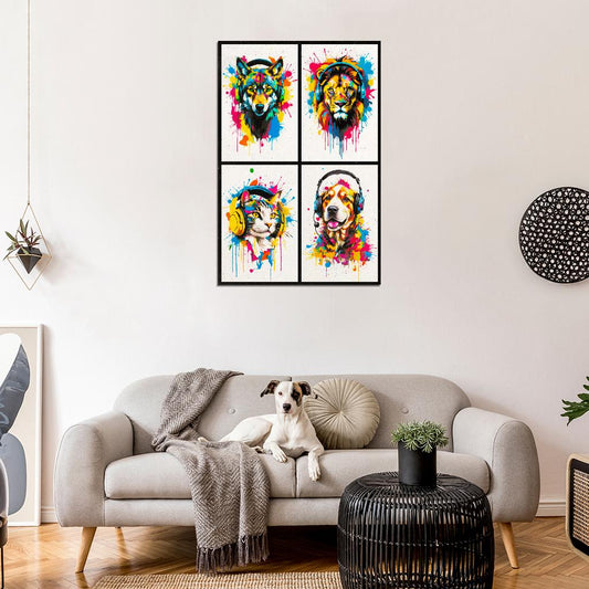 4 Set Animals In Headphones Wolf Lion Dog Cat Abstract Colorful Art Poster - xonomax