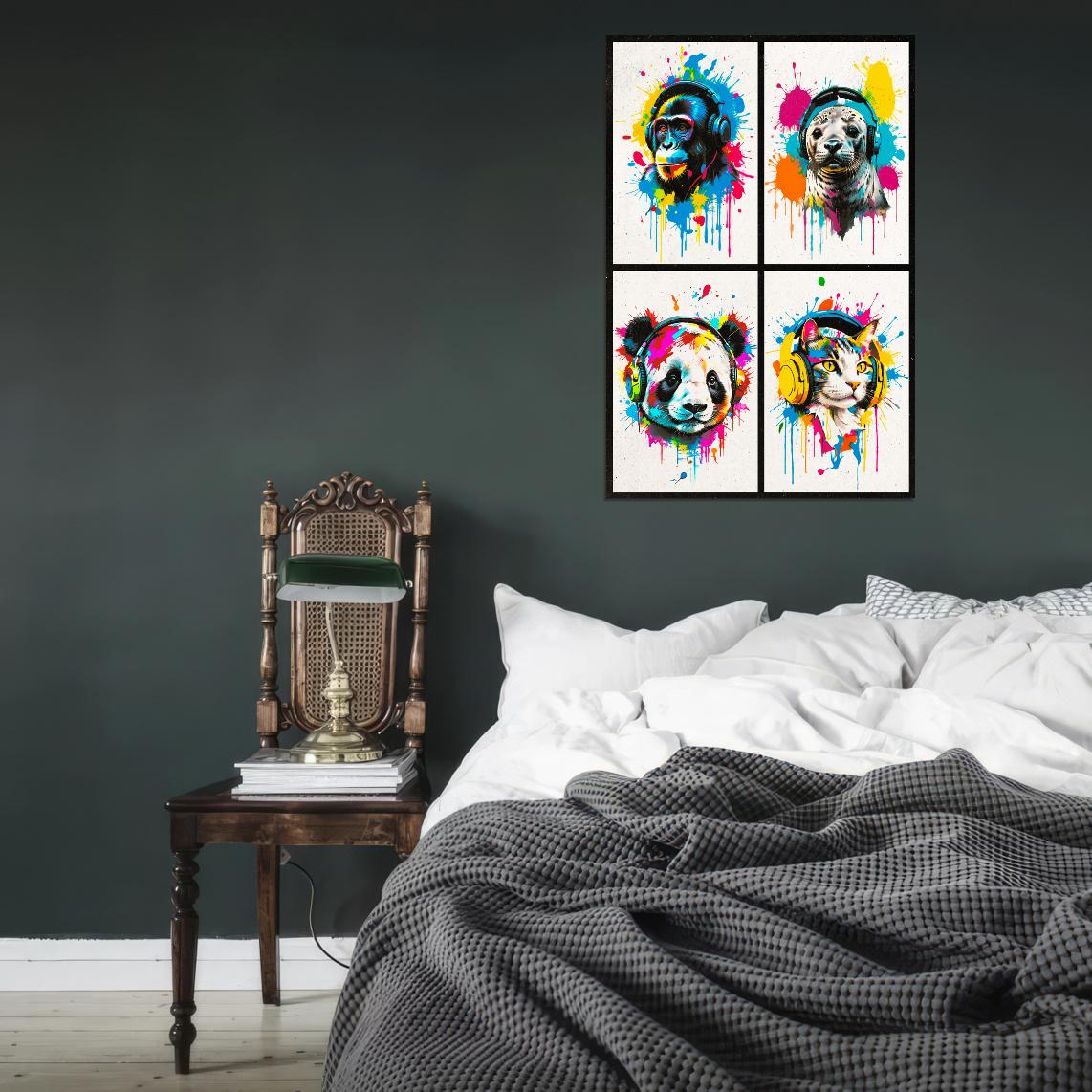 4 Set Animals In Headphones Monkey Seal Panda Cat Abstract Colorful Art Poster - xonomax