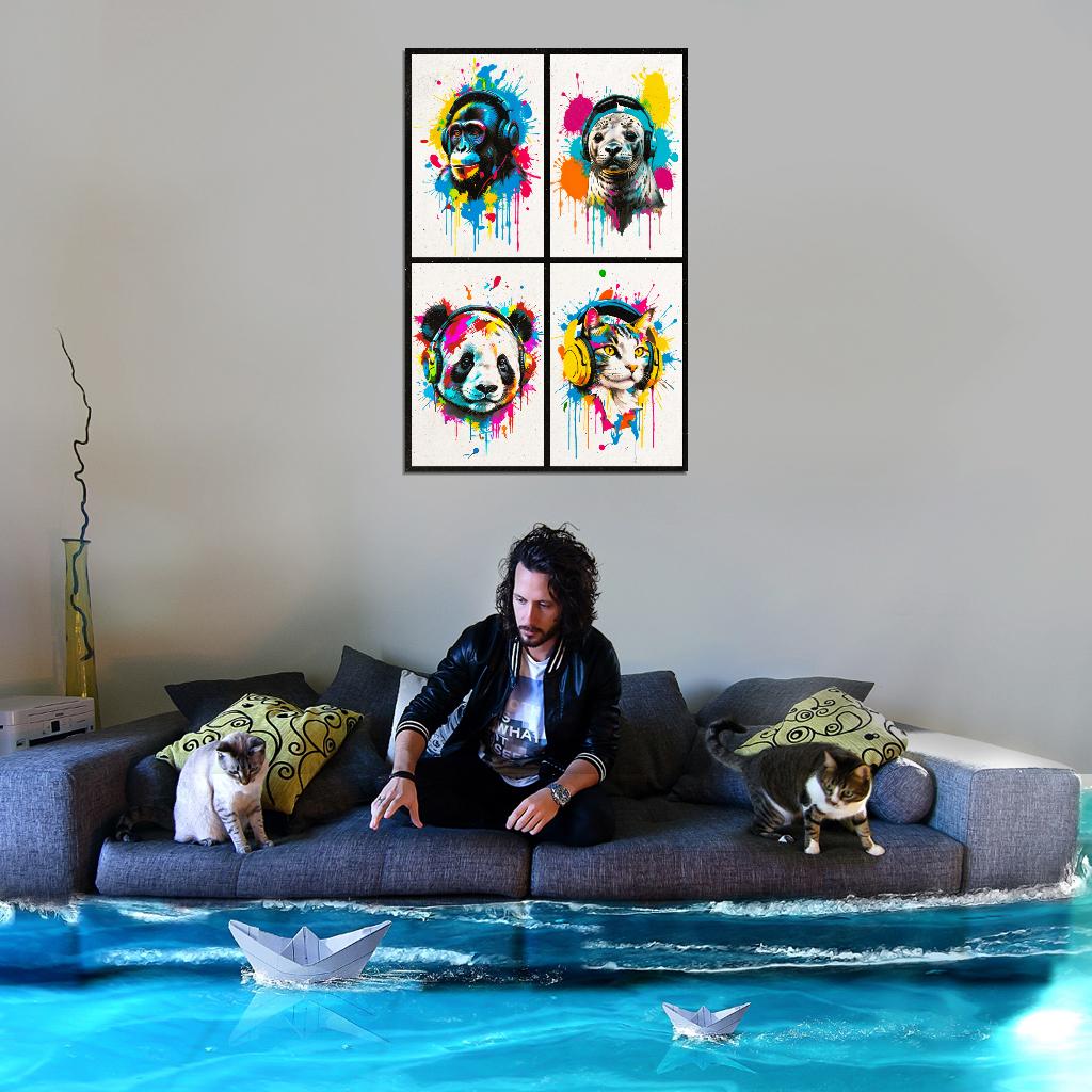 4 Set Animals In Headphones Monkey Seal Panda Cat Abstract Colorful Art Poster - xonomax