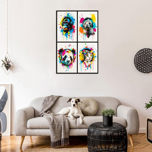 4 Set Animals In Headphones Monkey Seal Panda Cat Abstract Colorful Art Poster - xonomax