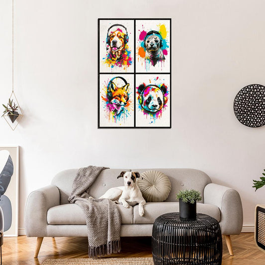 4 Set Animals In Headphones Dog Seal Fox Panda Abstract Colorful Art Poster - xonomax