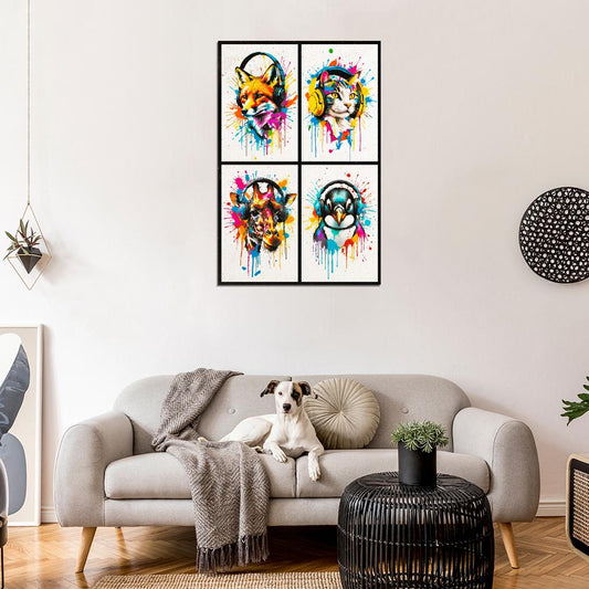 4 Set Animals In Headphones Fox Cat Giraffe Penguin Abstract Colorful Art Poster - xonomax