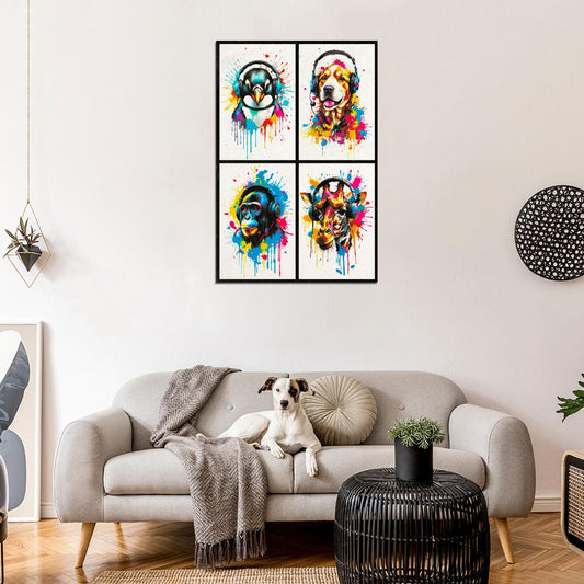 4 Set Animals In Headphones Penguin Dog Monkey Giraffe Abstract Colorful Art Poster - xonomax