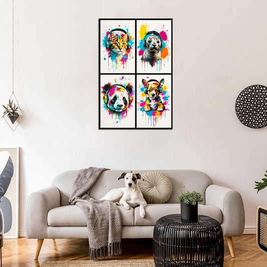 4 Set Animals In Headphones Cat Seal Panda Puppy Abstract Colorful Art Poster - xonomax