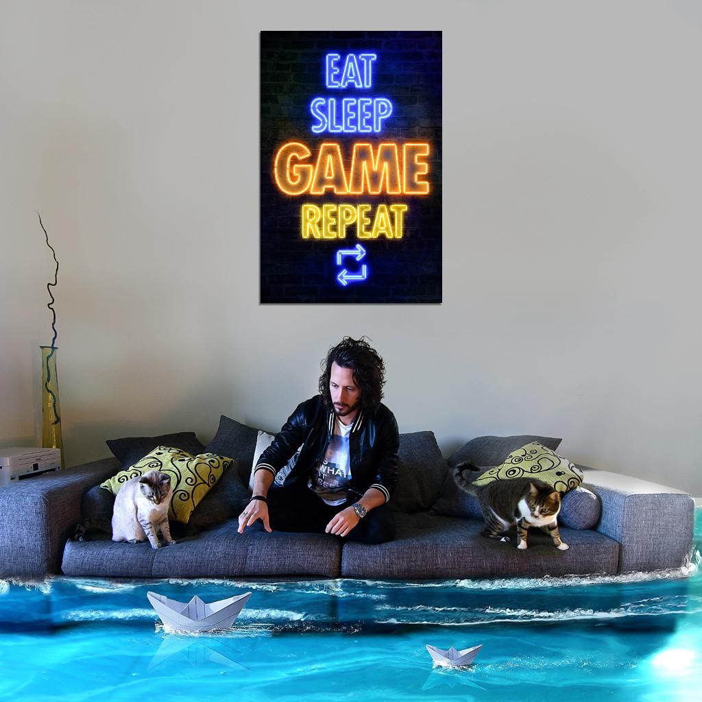 Eat Sleep Game Repeat Gaming Neon Art Print Poster - xonomax