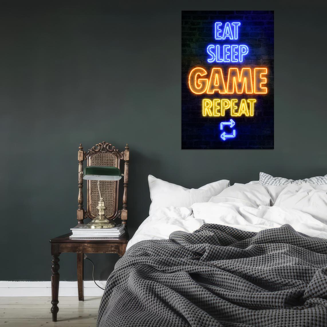 Eat Sleep Game Repeat Gaming Neon Art Print Poster - xonomax