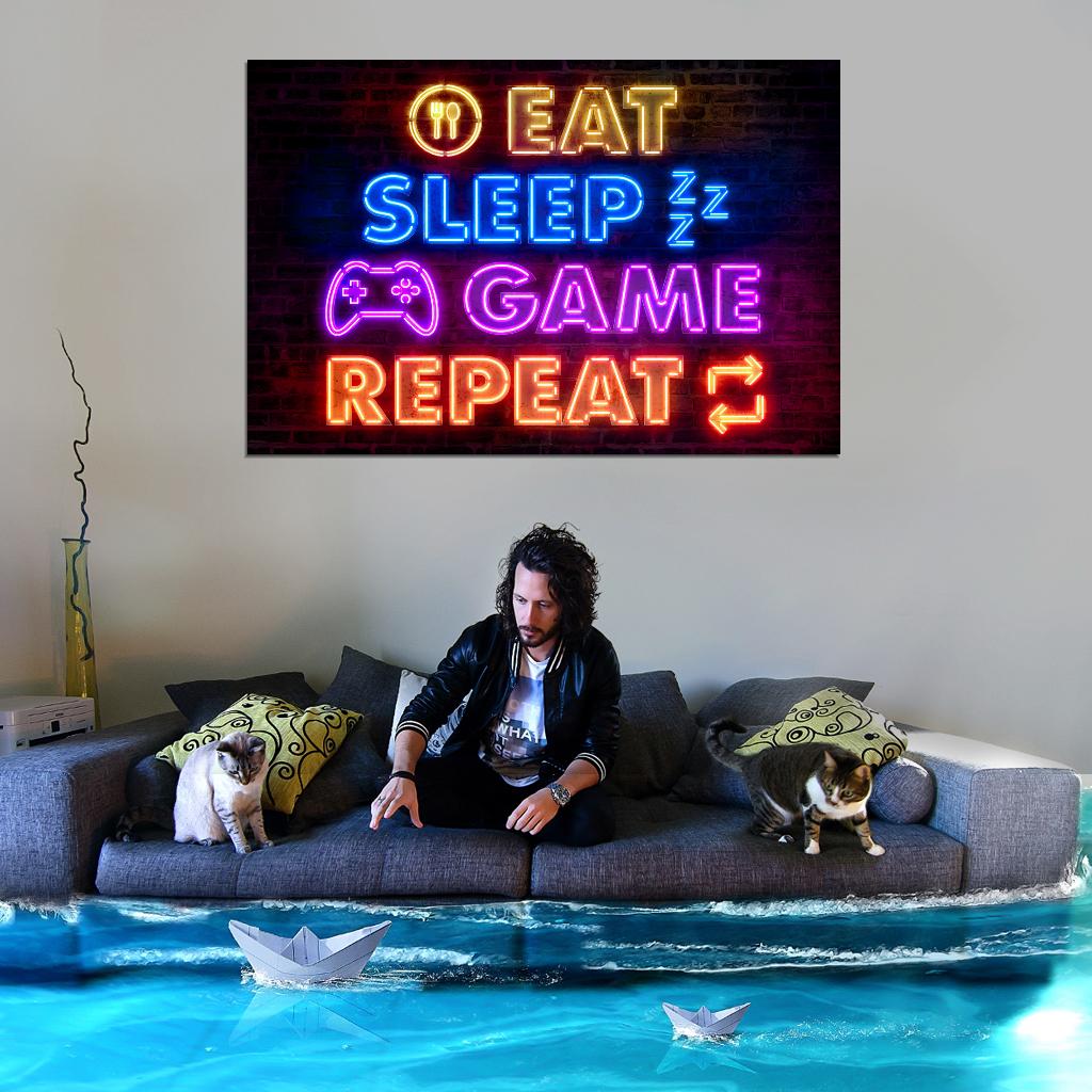 Eat Sleep Game Repeat Gaming Neon Art Poster - xonomax