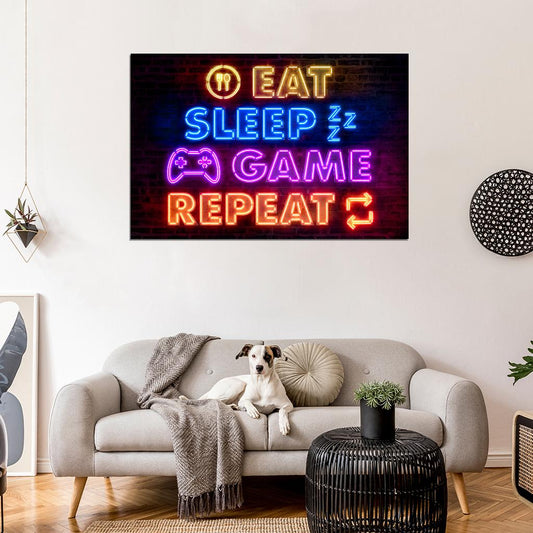 Eat Sleep Game Repeat Gaming Neon Art Poster - xonomax