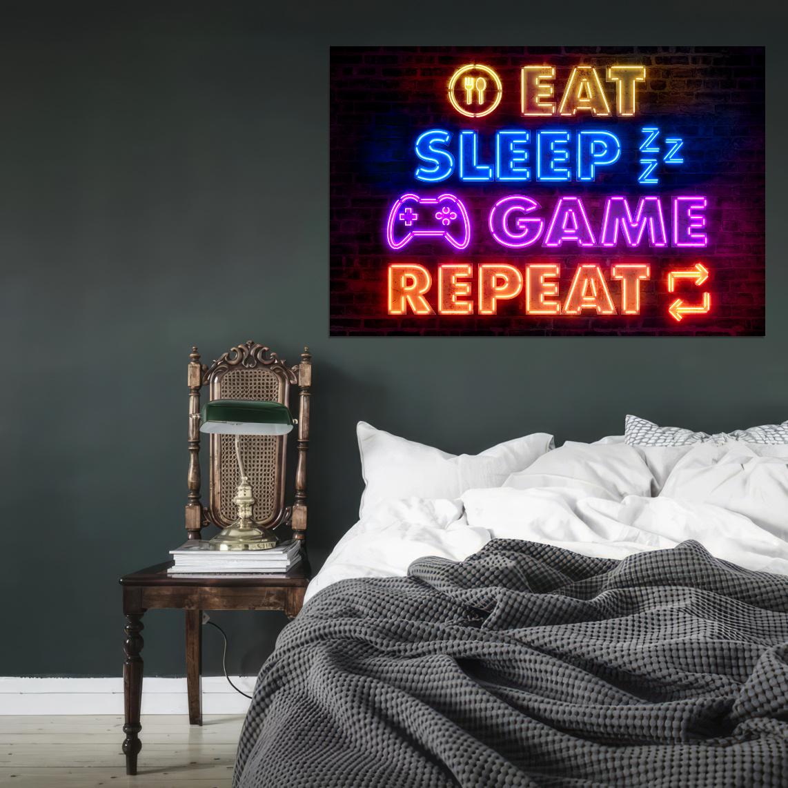 Eat Sleep Game Repeat Gaming Neon Art Poster - xonomax