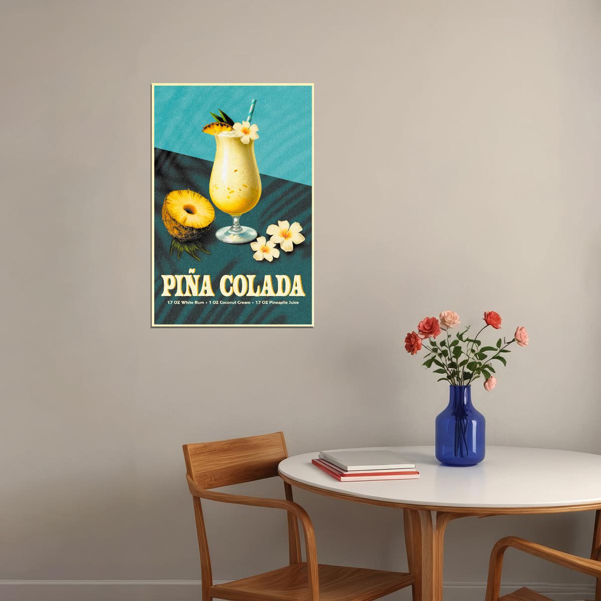 Pina Colada Cocktail Vintage Poster Teal Aesthetic Kitchen Wall Art Turquoise Dining Room Decor
