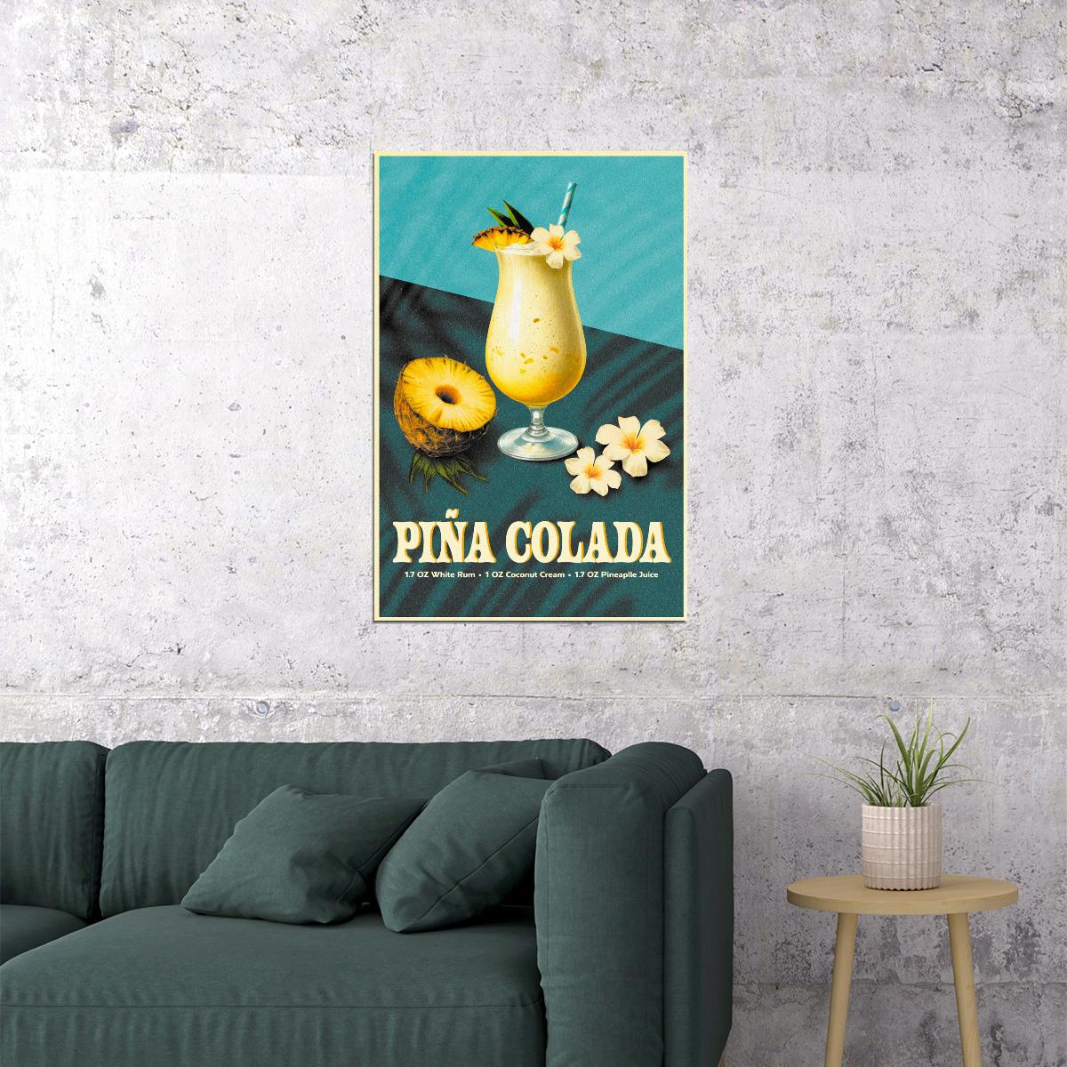 Pina Colada Cocktail Vintage Poster Teal Aesthetic Kitchen Wall Art Turquoise Dining Room Decor