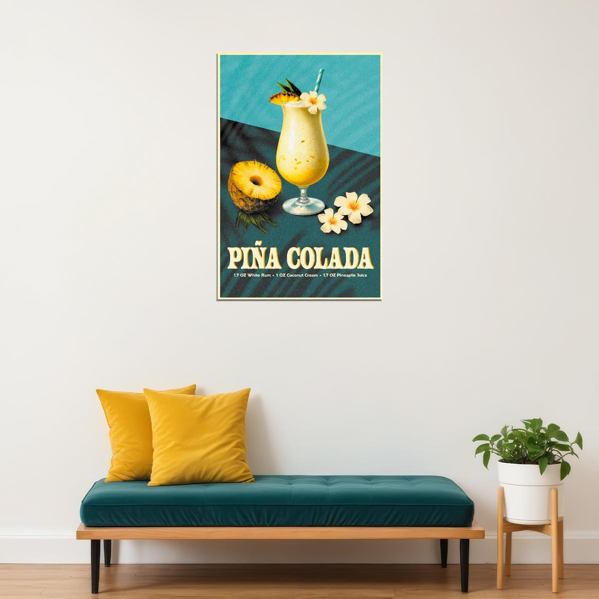 Pina Colada Cocktail Vintage Poster Teal Aesthetic Kitchen Wall Art Turquoise Dining Room Decor