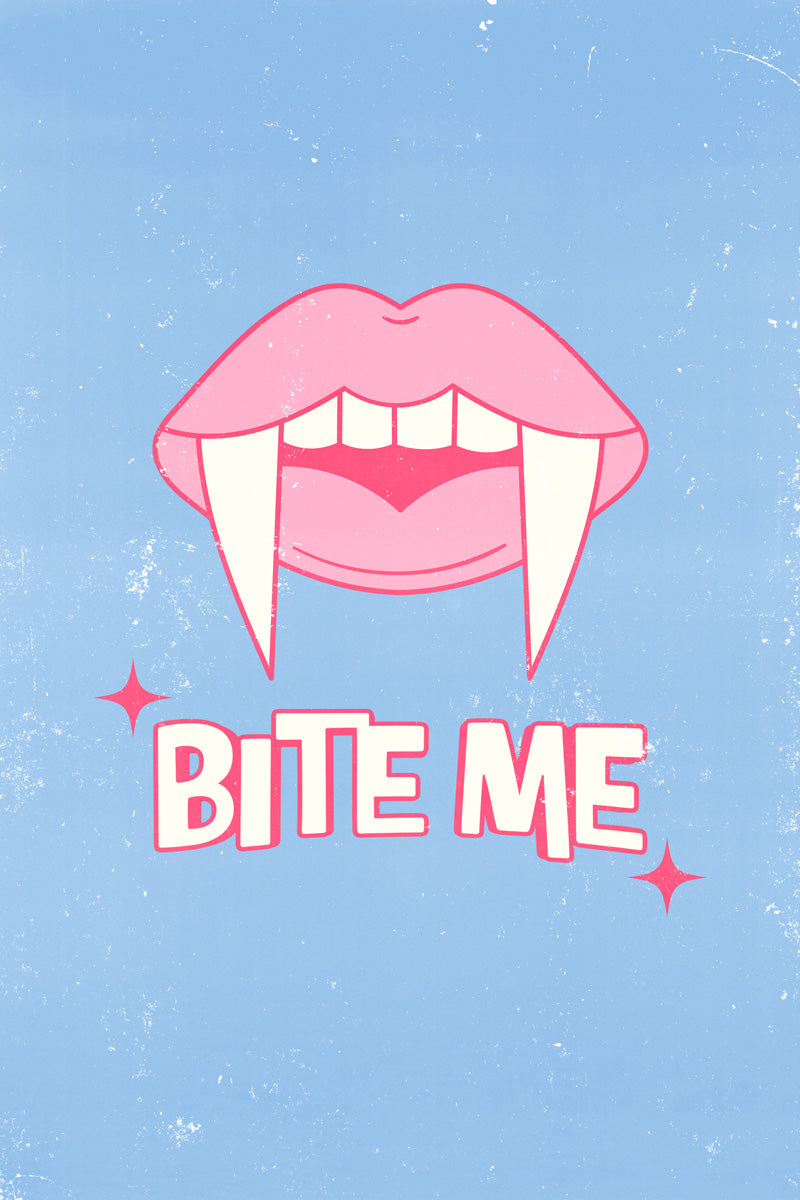 Bite Me Halloween Poster Cute Pink Vampire Lips Wall Art Pastel Blue Trendy Coquette Wall Decor - xonomax
