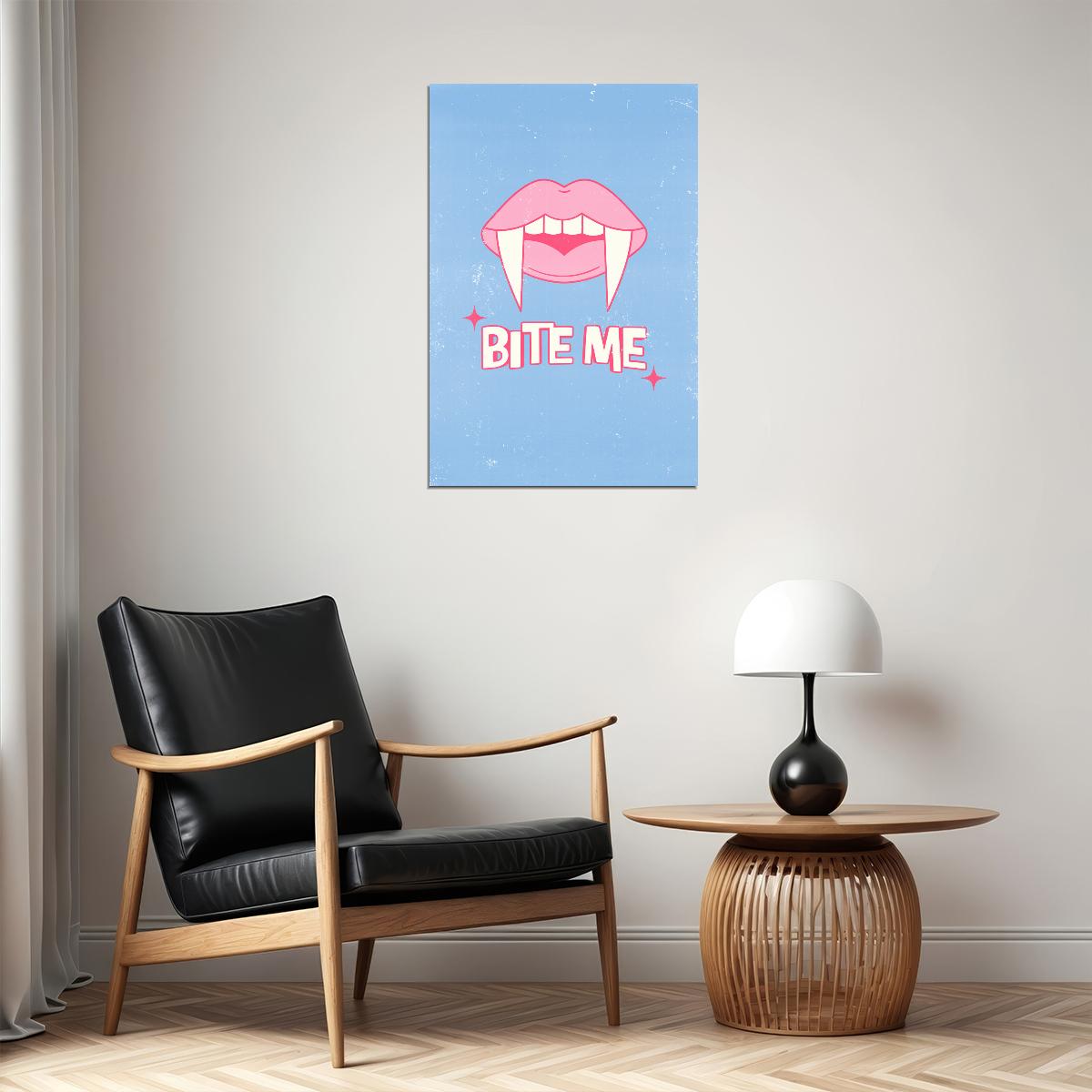 Bite Me Halloween Poster Cute Pink Vampire Lips Wall Art Pastel Blue Trendy Coquette Wall Decor - xonomax