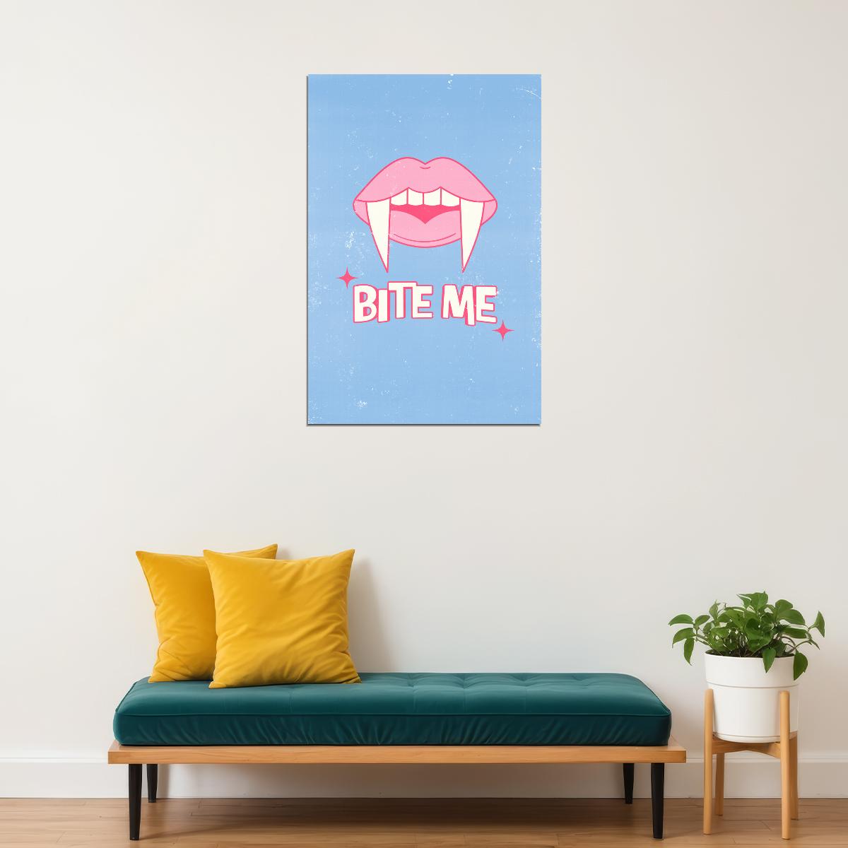 Bite Me Halloween Poster Cute Pink Vampire Lips Wall Art Pastel Blue Trendy Coquette Wall Decor - xonomax